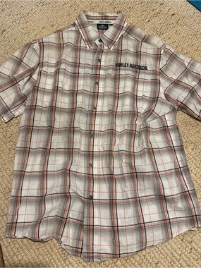 Harley-Davidson White, Orange & Gray Plaid Short-Sleeve Button-Down Shirt